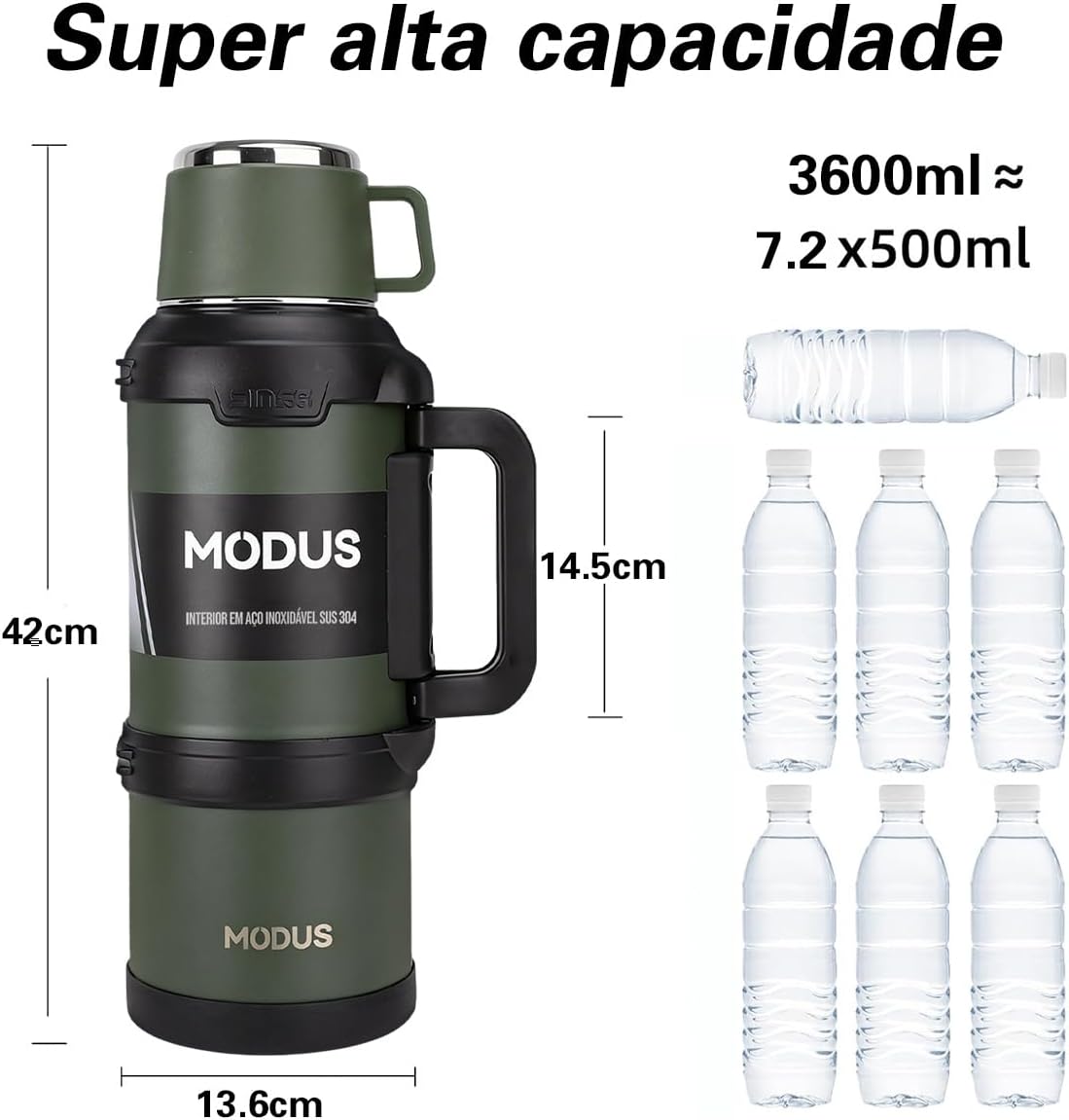 Garrafa térmica MODUS verde com medidas e comparação de capacidade